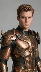 Male Superhero Bronze Armor With A Stylized Bull Motif On