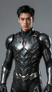 Male Superhero Suit Of Dark Jagged Metal Plates Like Shards