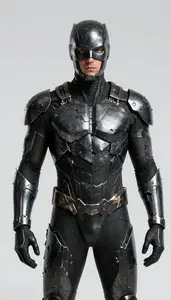 Male Superhero Suit Of Jagged Black Metal Plates As If Torn