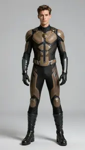 Superhero Form Fitting Woven Suit In Black And Tan Featuring