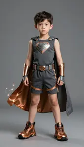 Boy Superhero Boy In Charcoal Ensemble Athletic Chest With
