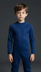 Boy Superhero In A Form Fitting Suit Of Deep Indigo With