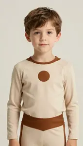 Boy Superhero In An Outfit Of Soft Beige With A Single Bold