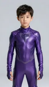 Boy Superhero In A Sleek Suit Of Glossy Royal Purple With