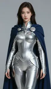Female Superhero Polished Silver Armor With A Cloak Of Dark