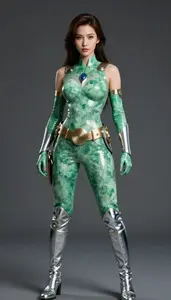Female Superhero Woman In Jade Armored Top Sleeveless Arms