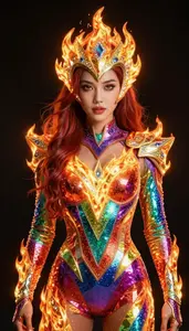 Girl Superhero Brilliant Fiery Costume In A Rainbow Of