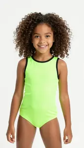 Girl Superhero Neon Green Sleeveless Bodysuit Black Trim Tan