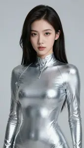 Girl Superhero Sleek Elegant Costume Of Liquid Silver With A