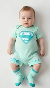 Baby Boy Super Hero Soft Seafoam Green Romper With Turquoise