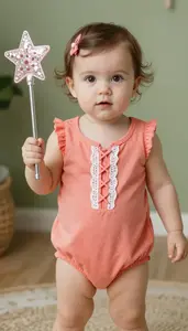 Baby Girl Superhero Coral Romper With A Lace Up Front And A