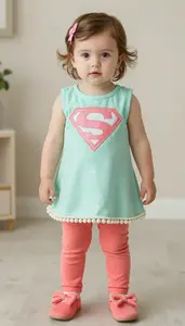 Baby Girl Superhero Mint Sparkle Tunic With Pearl Hem And