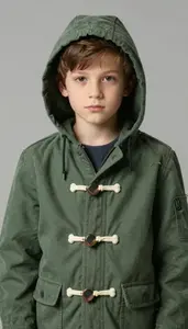 Boy Superhero Boy In A Rugged Hoodless Jacket Of Dark Green