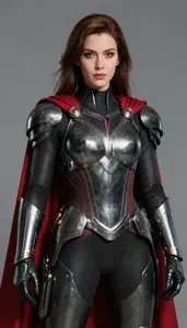 Female Superhero Blackened Steel Armor With Crimson Cloak