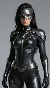 Female Superhero Blackened Steel Armor Skull Pattern