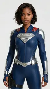 Girl Superhero Navy Blue Form Fitting Suit Silver Armor
