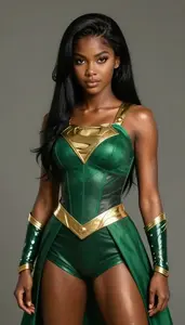 Girl Superhero Rich Jade Green Suit Gold Accent Details