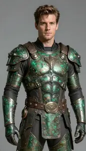 Male Superhero Ancient Corroded Bronze Armor Green With Age