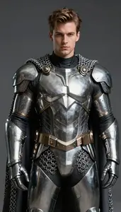 Male Superhero Polished Steel Armor With A Cloak Of