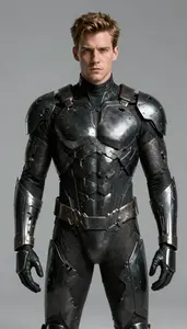 Male Superhero Suit Of Jagged Black Metal Plates As If Torn