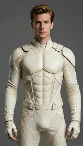 Male Superhero Suit Of Pale Bone Like Plates Interwoven With