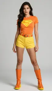 Woman Superhero Sunset Orange Fitted Top With Yellow Accents