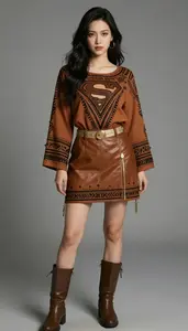 Woman Superhero Tunic Of Burnt Sienna With Black Tribal