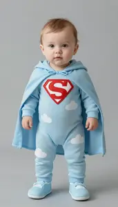 Baby Boy Super Hero Misty Blue Cape Over Soft Blue Jumpsuit