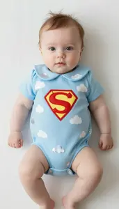 Baby Girl Superhero Baby Blue Romper With A Peter Pan Collar