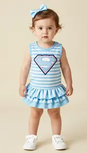 Baby Girl Superhero Sky Blue And White Candy Striped Top