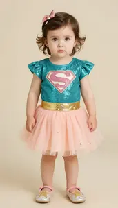 Baby Girl Superhero Teal Glitter Blouse With Golden Belt And