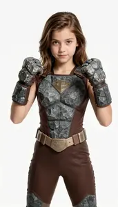 Girl Superhero Costume Of Rough Grey Stone Like Plates Over