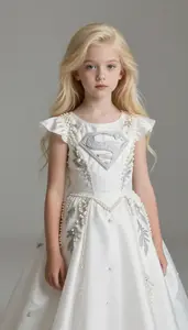 Girl Superhero Pearl White Silky Gown Silver Embroidery Fair