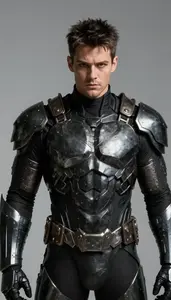 Male Superhero Blackened Iron Armor Brutal And Menacing With