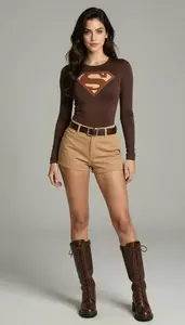 Woman Superhero Chocolate Brown Fitted Top With Tan