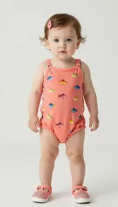 Baby Girl Superhero Coral Romper With A Pattern Of Tiny