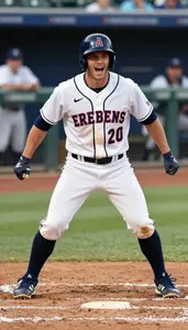 Baseball Batter Rounding Bases After Hit Joyful Face Clearly