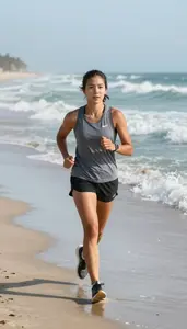 Beach Jogger In Sleeveless Top Running Along Wet Sand With
