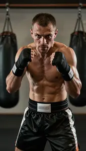 Close Up Of A Boxer In Training Shorts And Hand Wraps