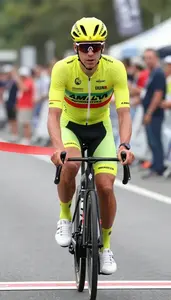 Cyclist In Bright Racing Suit Crossing The Finish Line On A