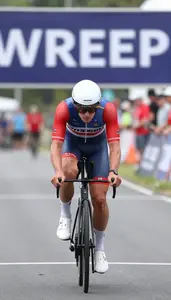 Cyclist In Fitted Racing Suit Sprinting Toward The Finish
