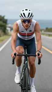 Cyclist In Sleeveless Racing Kit Speeding Along A Coastal