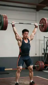 Determined Weightlifter In Singlet Lifting Heavy Barbell