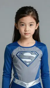Girl Superhero Blue Grey Costume With A Similar Silky Stripe