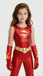Girl Superhero Crimson Sparkle Suit Flame Gloves