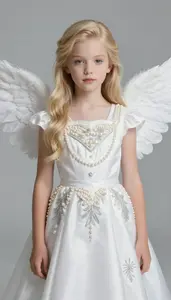 Girl Superhero Pearl White Silky Gown Silver Embroidered