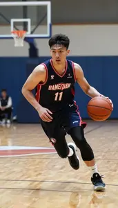 Indoor Basketball Guard In Dark Jersey Dribbling Quickly