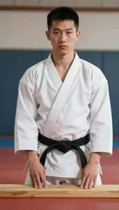 Karate Practitioner In White Gi Breaking A Wooden Board Calm