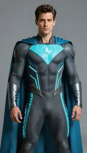 Male Superhero Charcoal And Neon Cyan Suit With Electric
