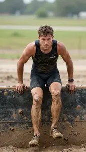 Obstacle Course Racer In Compression Shorts Climbing Over A